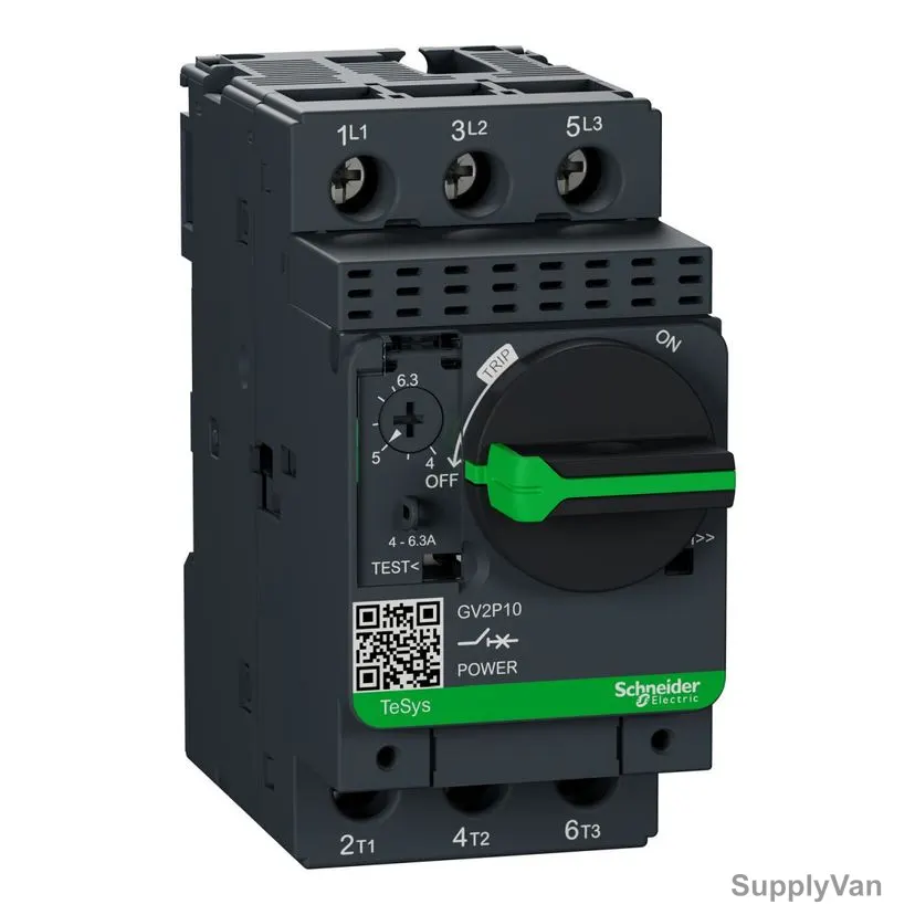 Schneider Electric Motor Circuit Breaker, GV2P10, TeSys Deca, IP20, 3 Pole, 690VAC, 4-6.3A
