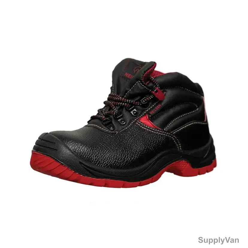 Neilson Heavy Duty High Ankle Safety Shoes, NC9, Leather, SBP, Steel Toe, Size40, Black/Red