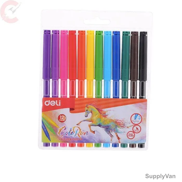 Deli Washable Color Sketch/Felt Pen, C100-03, Multicolor, 12 Pcs/Pack