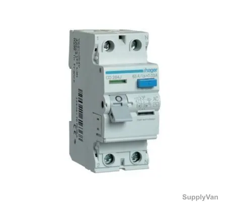 Hager Residual Current Circuit Breaker, CD264J, 2P, 30mA, 63A