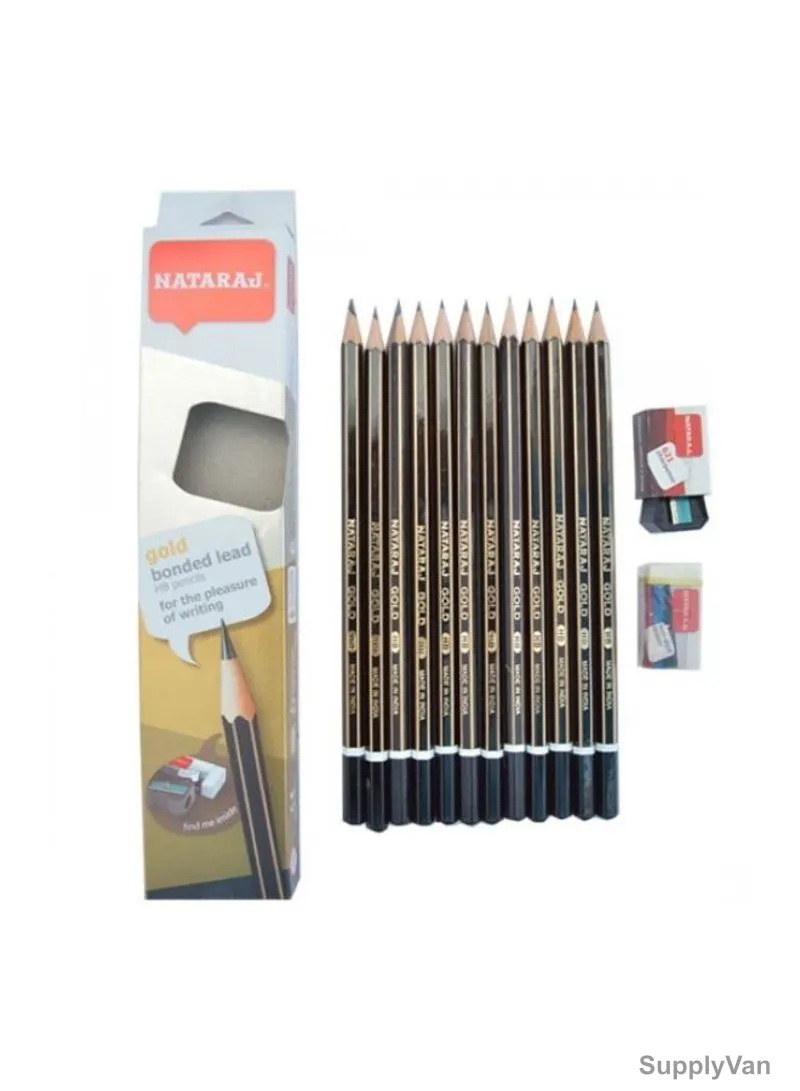Nataraj Pencil With Sharpener and Eraser, HP201003001, HB, Gold and Black, 12 Pcs/Pack