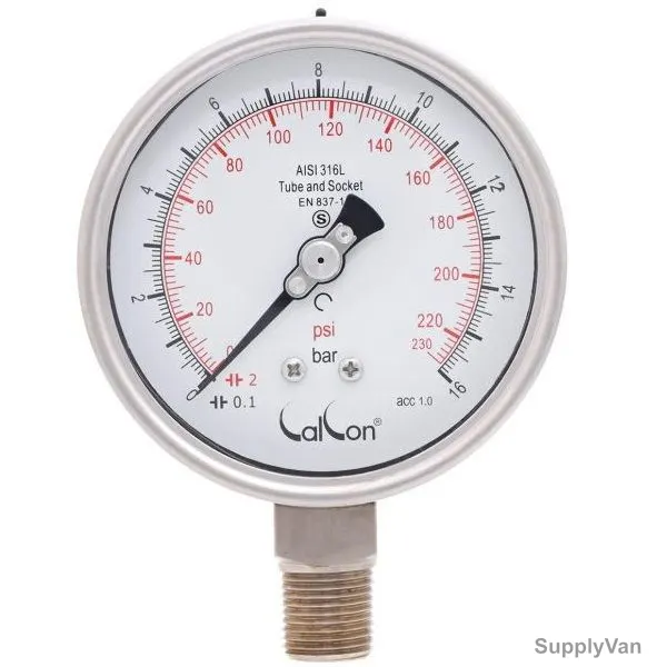 Calcon Pressure Gauge, CC20A, 100MM, 1/2 Inch, NPT, 0-16 Bar