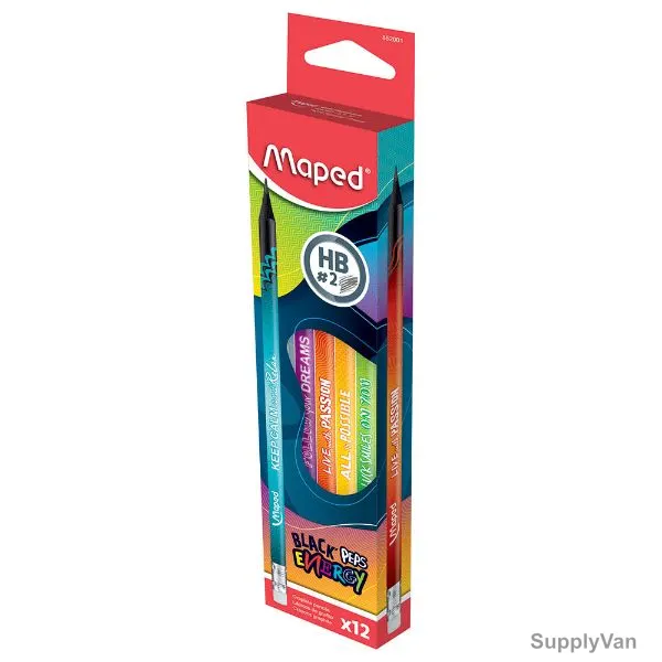 Maped Energy HB Pencil With Eraser, MD-852001, Black'Peps, Black, 12 Pcs/Set