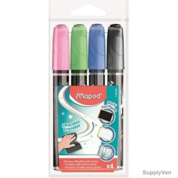 Maped Multi Surface Erasable Marker, MD-743548, Assorted Colors, 4 Pcs/Set