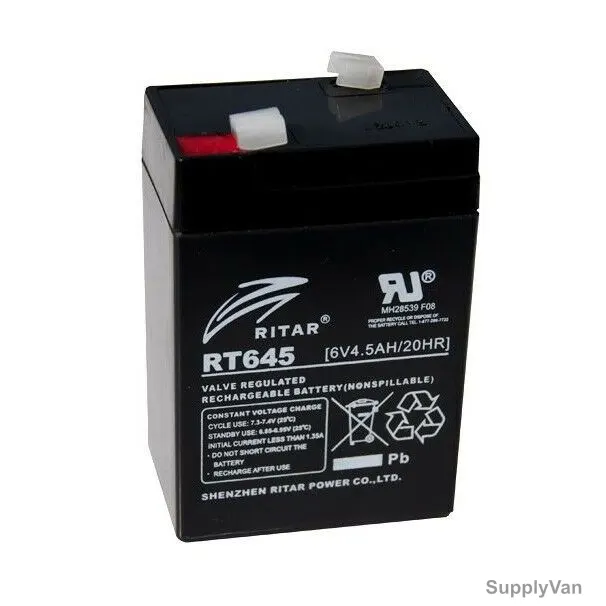 Ritar Reserve Power Battery, RT645, 4.5Ah, 6VDC, 3 Cells