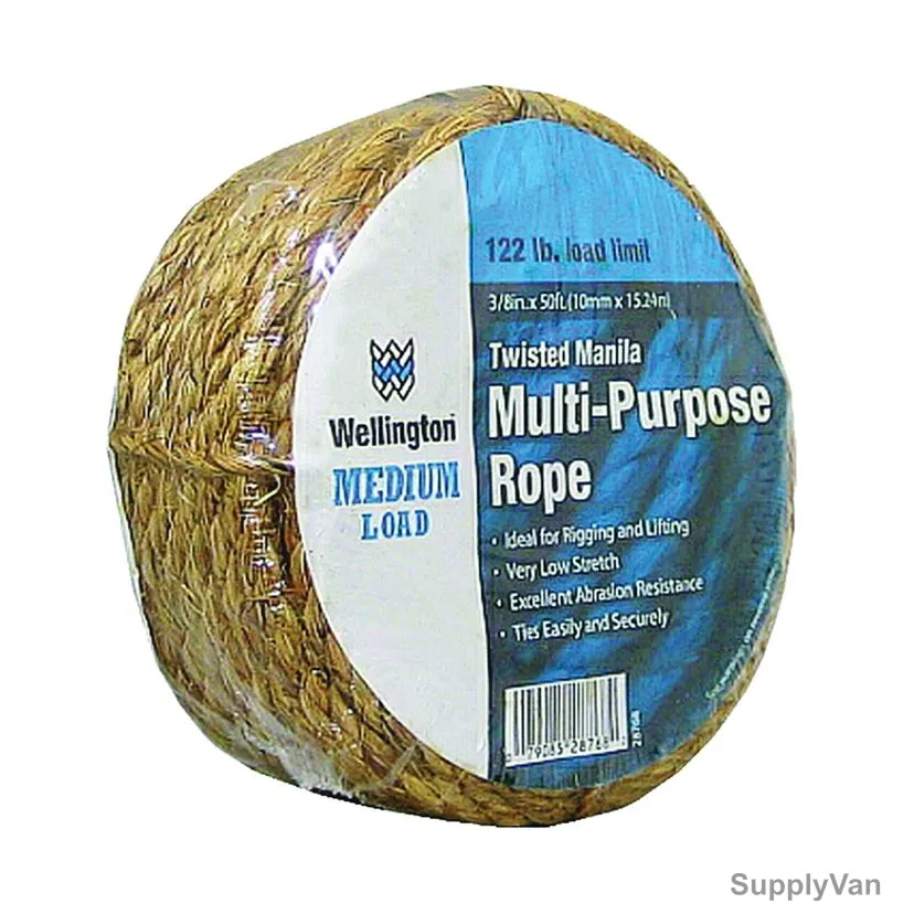 Wellington Cordage 3-Strand Manila Rope, 28768, 3/8 Inch Dia x 50 Feet Length, 22 Lb Loading Capacity, Brown — image 1