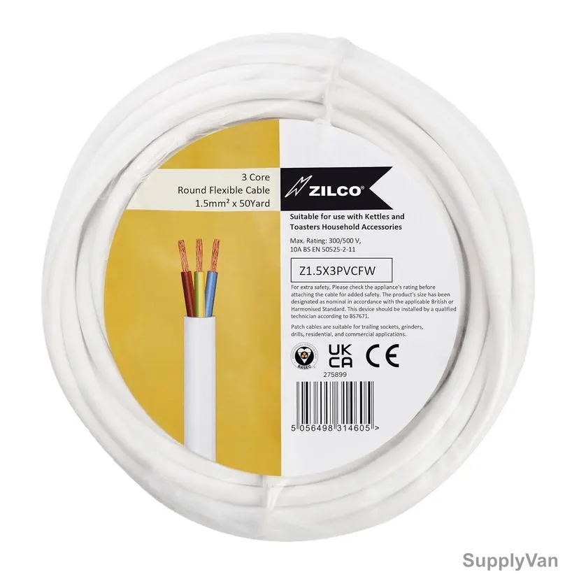 Zilco 3 Core Flexible Wire, Z1-5X3PVCFW, PVC, 240VAC, 50 Yards Length, White — image 1