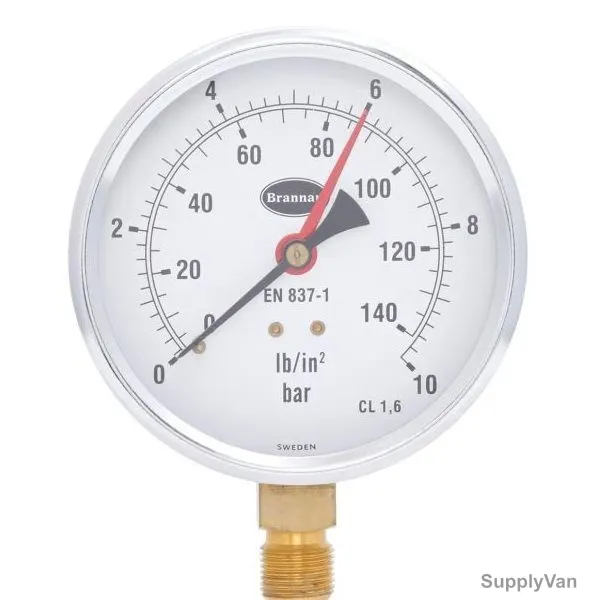 Brannan Pressure Gauge, 34-655-0, 100MM, 0-6 Bar