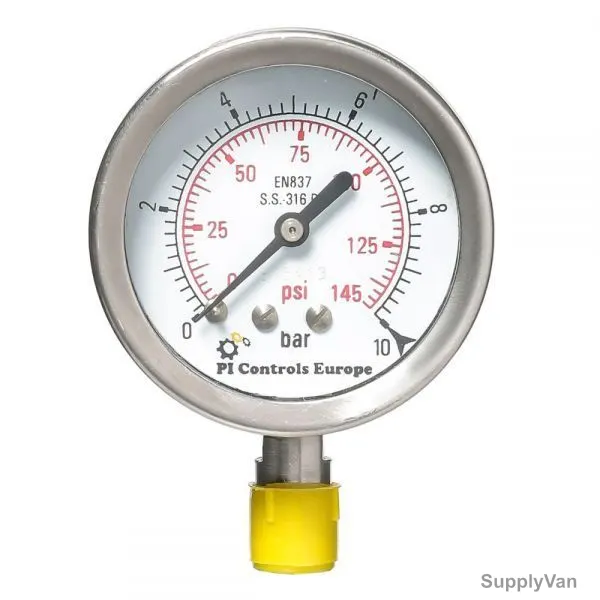 PI Controls Pressure Gauge, PG-63-R10-WF-SS, 63MM, 0-10 Bar