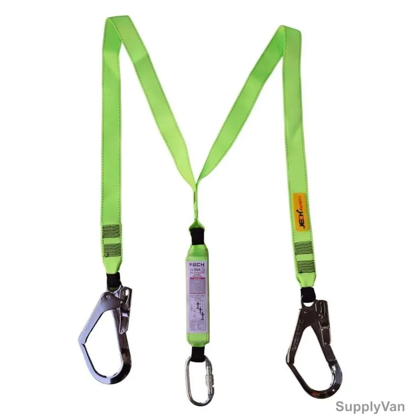 Jech Y-Type Twin Webbing Lanyard With Energy Shock Absorber, 300205, Universal, 1.8 Mtrs Length, Green/Black