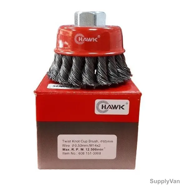 Hawk Twisted Wire Cup Brush, CMST6514, Carbon Steel, M14 Thread Size x 65MM Brush Dia