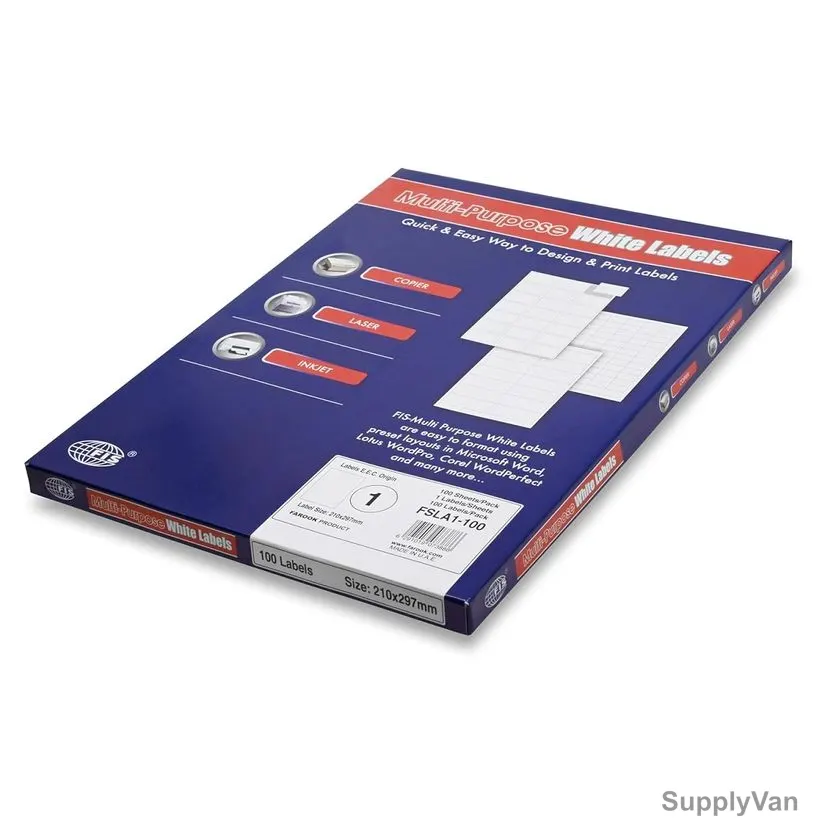 Fis Multi-Purpose Label Sticker, FSLA1-100, Paper, A4, 210MM Width x 297MM Length, White, 100 Pcs/Pack
