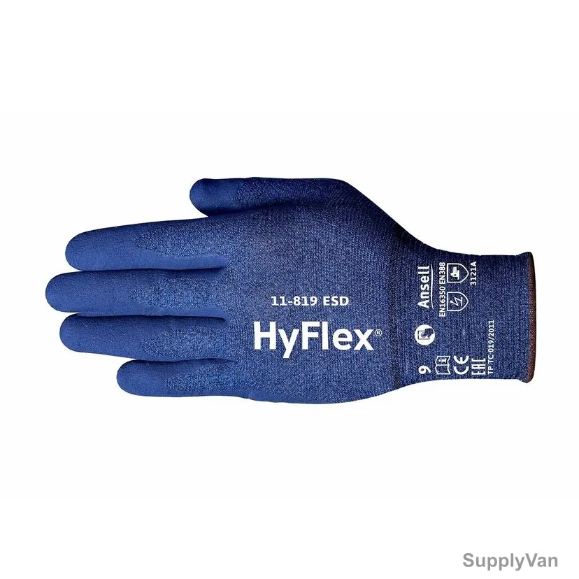 Ansell Work Gloves, 11-819-ESD, HyFlex, Carbon/Nylon/Spandex, Size9, Nitrile Coating, Blue — image 1