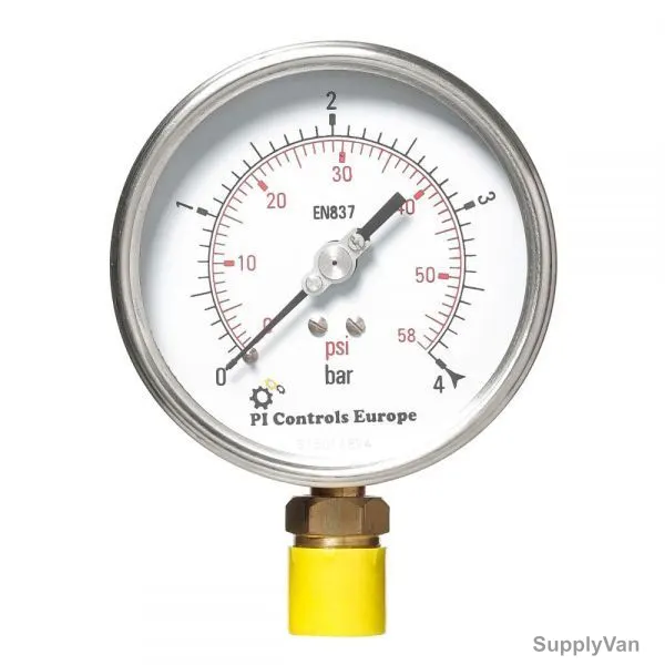 PI Controls Pressure Gauge, PG-100-R4-WF-BR, 100MM, 1/2 Inch, MNPT, 0-4 Bar