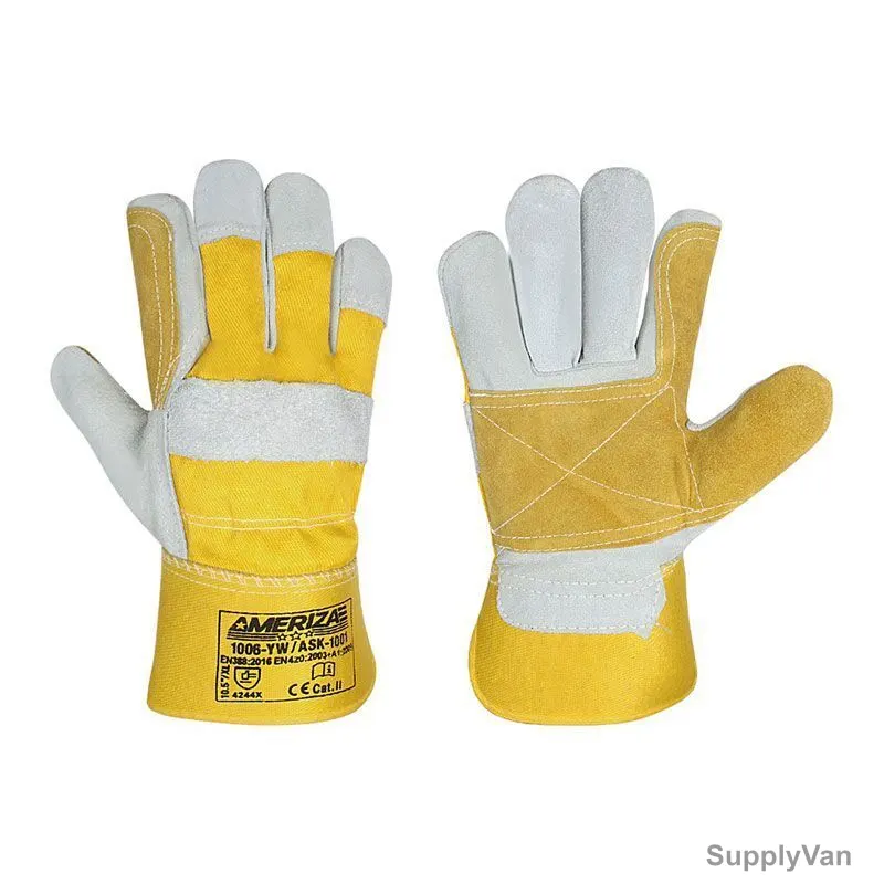 Ameriza Double Palm Rigger Gloves, 1006-YW-ASK-1001, Leather, 10.5 Inch, Yellow/Natural, 12 Pairs/Pack