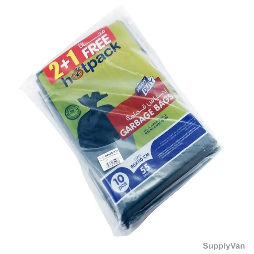 Hotpack Heavy Duty Garbage Bag, OPGB80110, L, 55 Gallons, Black, 30 Pcs/Pack, 2+1 Free