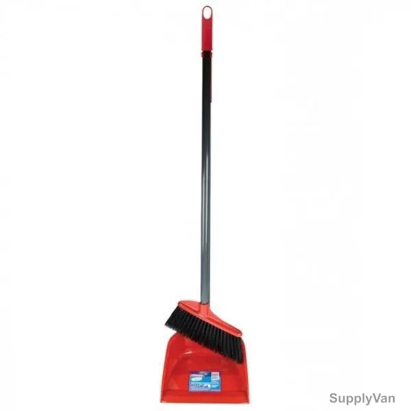 Vileda Long Handle Dustpan W/ Brush, VLFC137416, Red, Metal Handle