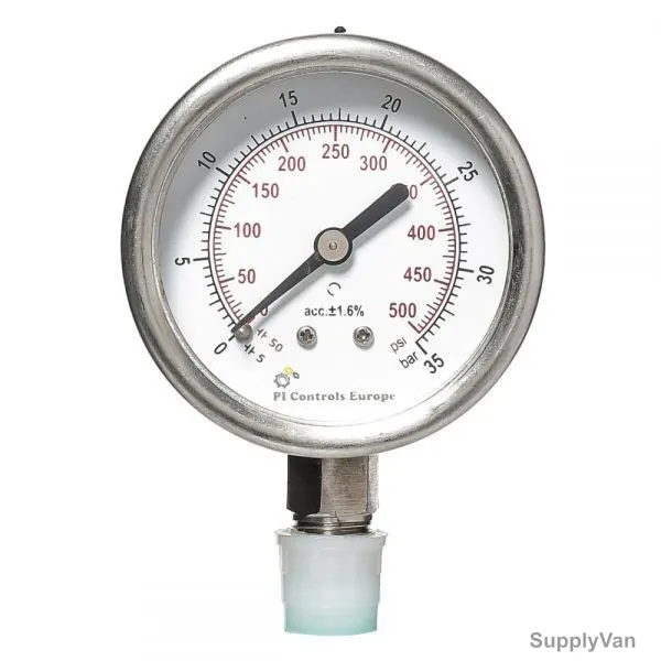PI Controls Pressure Gauge, PG-63-R35-WF-SS, 63MM, 0-35 Bar
