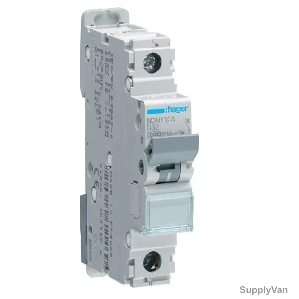 Hager Miniature Circuit Breaker, NDN132N, D Curve, 1P, 32A, 230/400V