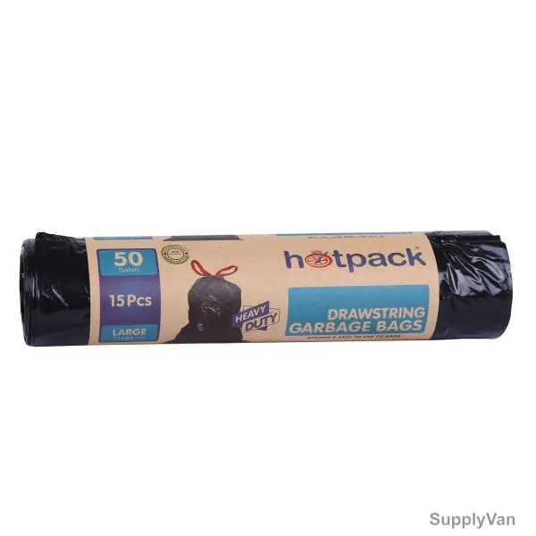 Hotpack Heavy Duty Tie Garbage Bag Rolls, HSMTBBR75103, 50 Gallons, Black, 180 Pcs/Carton