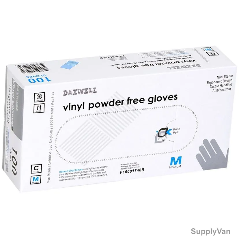 Daxwell Powder Free Vinyl Gloves, F10001748B, Medium, Clear, 100 Pcs/Pack