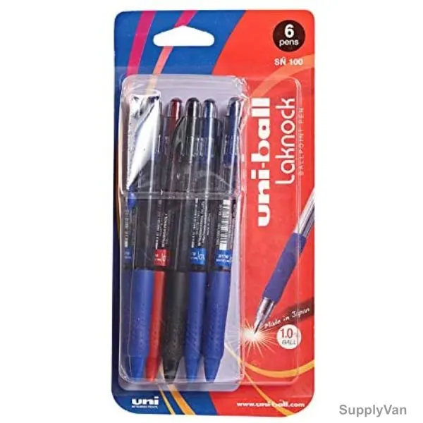 Uni-Ball Ball Point Pen, SN100M-06C, Laknock, 1.0MM Tip, Assorted Colors, 6 Pcs/Set