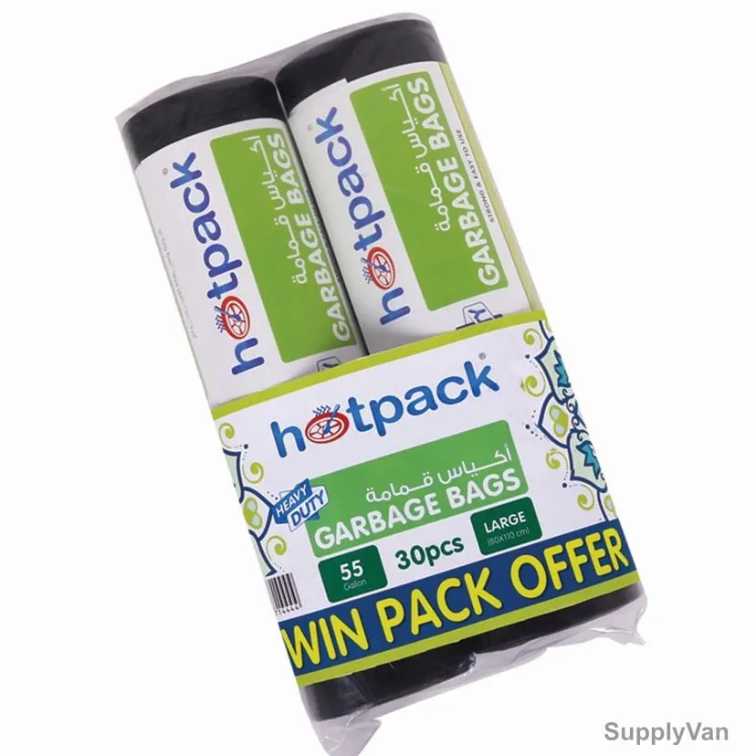 Hotpack Heavy Duty Twin Garbage Bag Pack, OPGBR80110, L, 55 Gallons, Black, 30PCS