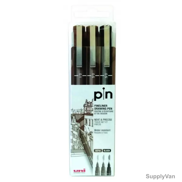 Uni-Ball Fine Line Marker, PIN200-03C, Uni-Pin, 0.1-0.5MM Tip, Black and Sepia, 3 Pcs/Set