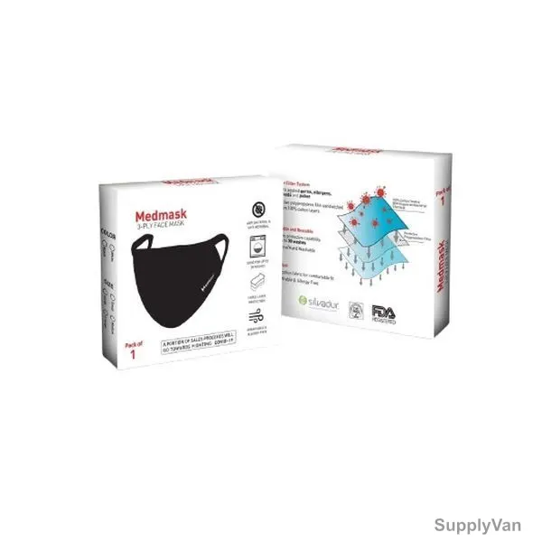 Medmask Face Mask, 100% Cotton, M, 3 Ply, Black