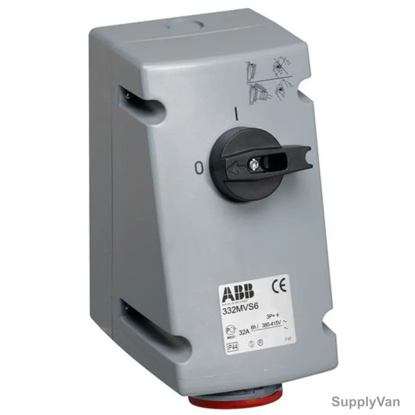 Abb Vertical Switched Interlocked Socket, 332MVS6, 380-415V, IP44, 32A, Red/Grey