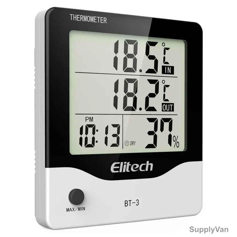Elitech Indoor/Outdoor Digital Hygrometer Thermometer With Clock And Min/Max Value, BT-3, LCD, AAA, 1.5VDC — image 1