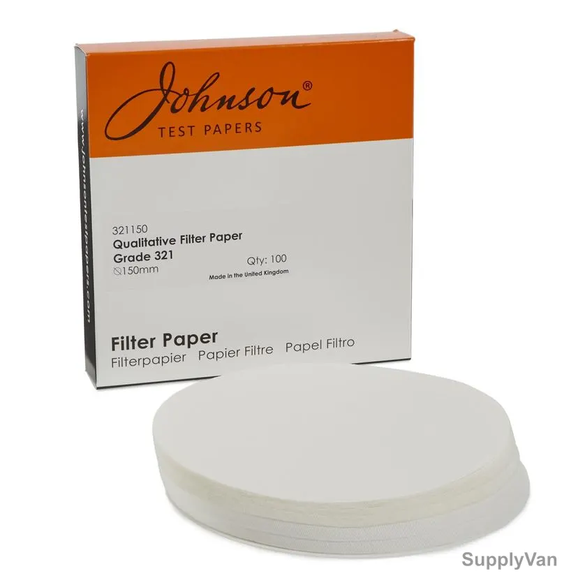 Johnson Wet-Strengthened Qualitative Filter Paper, 321150, Cellulose, Grade 321, 0.19MM Thk x 150MM Dia, White, 100 Pcs/Pack