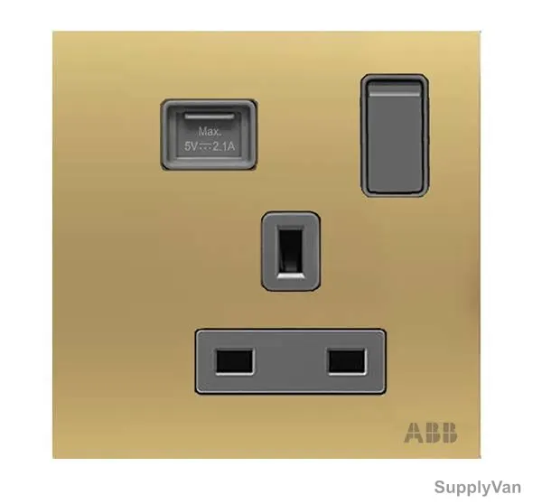 ABB Single Pole Switched Socket With USB Charger, AM23586-MG, Millenium, 1 Gang, 13A, Matt Gold