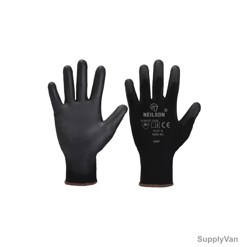 Neilson PU Coated Gloves With Polyester Liner, NBP, Size10, Black, 12 Pair/Pack