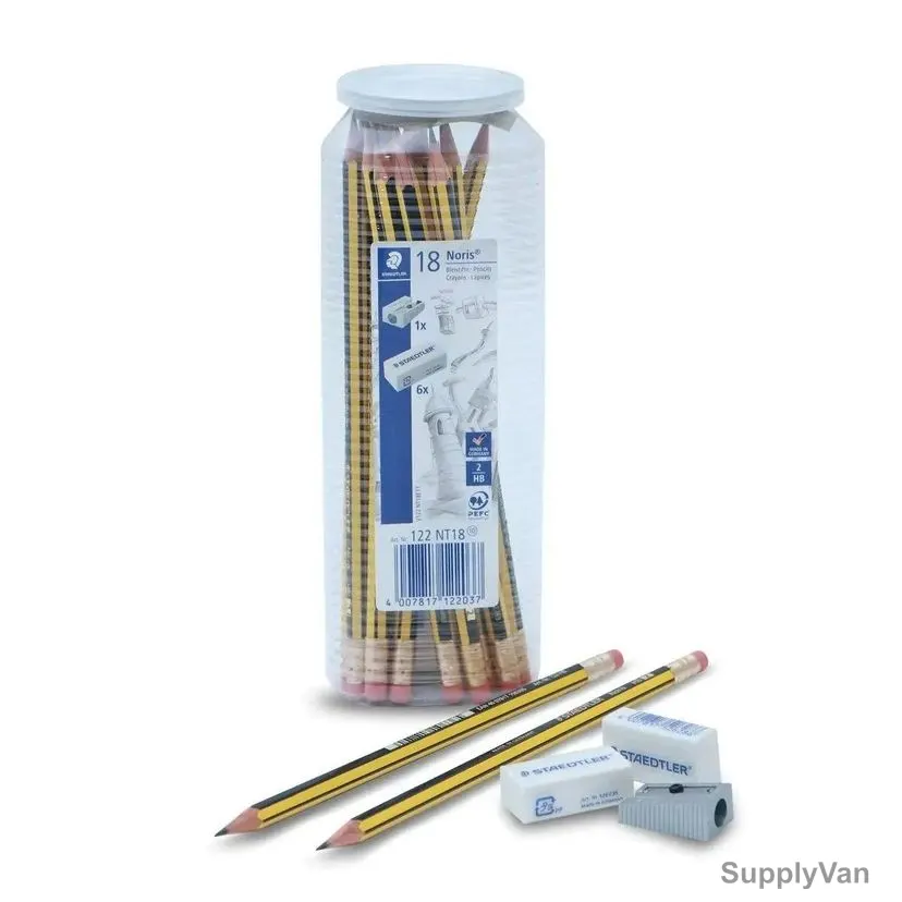 Staedtler Noris Pencil With Rubber Tip In Jar, ST-122-NT18, 2.0MM Tip Size, Black/Yellow, 25 Pcs/Set