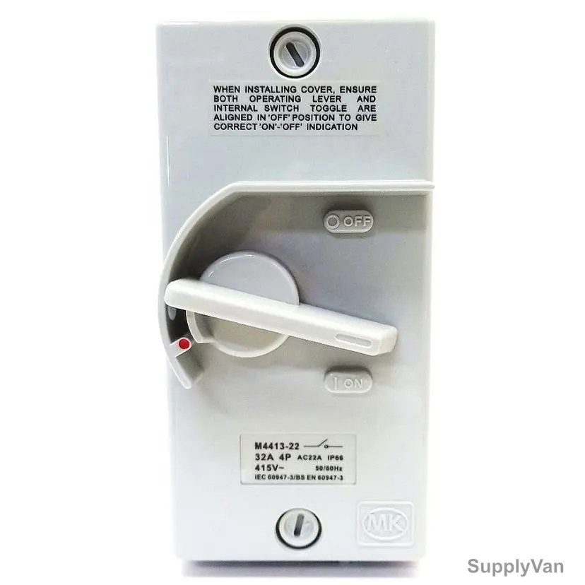 Mk Four Pole Waterproof Isolator Switch, M4413-22, 240-415V, IP66, 32A, Grey