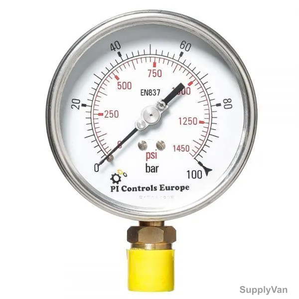 PI Controls Pressure Gauge, PG-100-R100-WF-BR, 100MM, 1/2 Inch, MNPT, 0-100 Bar