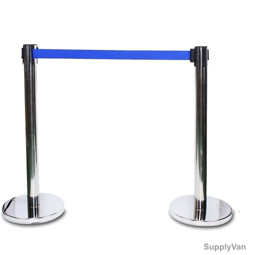 Retractable Barrier With 3 Mtrs Blue Belt, Stainless Steel, 90CM Height, Silver — image 1