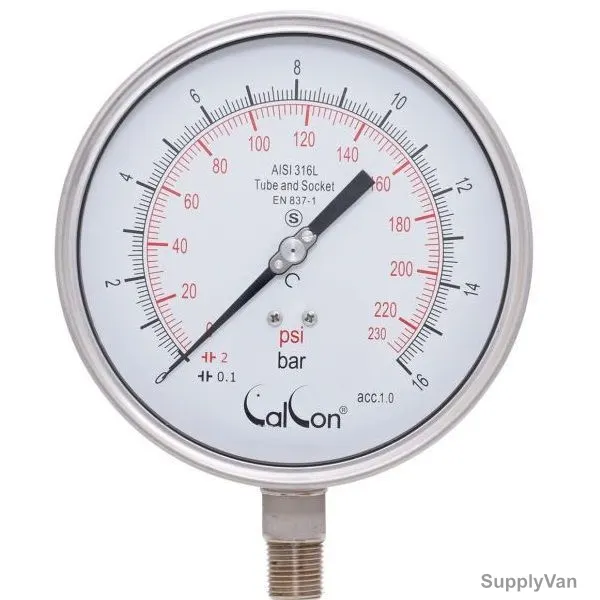 Calcon Pressure Gauge, CC20A, 160MM, 1/2 Inch, NPT, 0-16 Bar