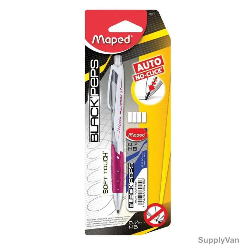 Maped Automatic Mechanical Pencil With Lead and Eraser, MD-559911, Black'Peps, 0.7MM Tip Size, Pink, 3 Pcs/Set