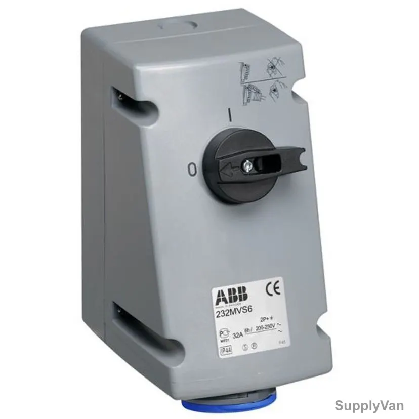 Abb Vertical Switched Interlocked Socket, 232MVS6, 200-250V, IP44, 32A, Blue/Grey
