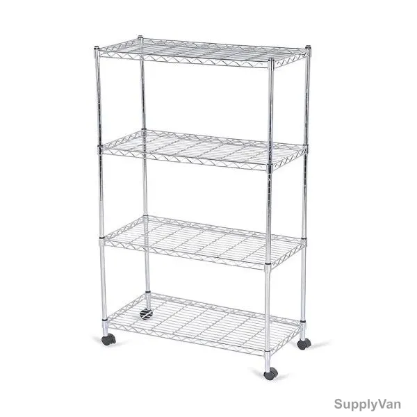4-Tier Wire Shelf Rack With Wheels, Chrome Coated Steel, 300 Kg Loading Capacity
