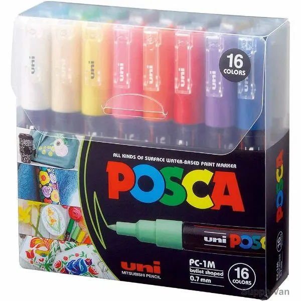 Uni-Ball Posca Marker, PC1M-16C, 0.7MM Tip Size, Assorted Colors, 16 Pcs/Set