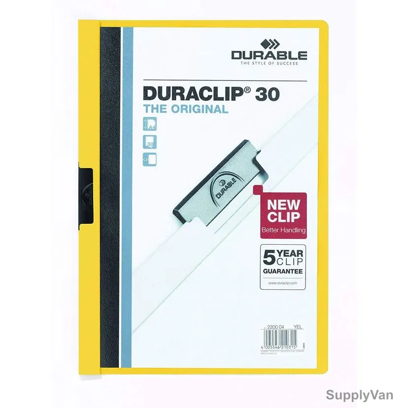 Durable Clip File Folder, 2200Y, Duraclip, A4, 30 Sheets, Yellow, 25 Pcs/Box