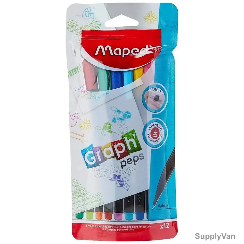 Maped Fineliner Pen, MD-749158, GraphPeps, Assorted Colors, 12 Pcs/Set
