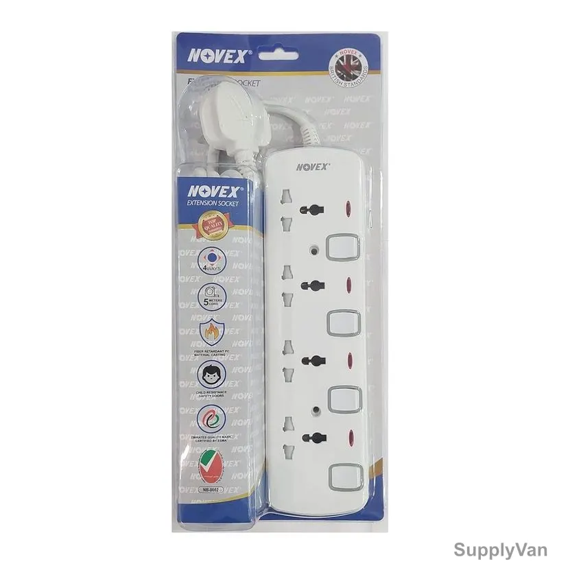 Novex Extension Socket, N-D104-5M, Polycarbonate, 3250W, 4 Outlets, 13A, 5 Mtrs Cable Length, White — image 1