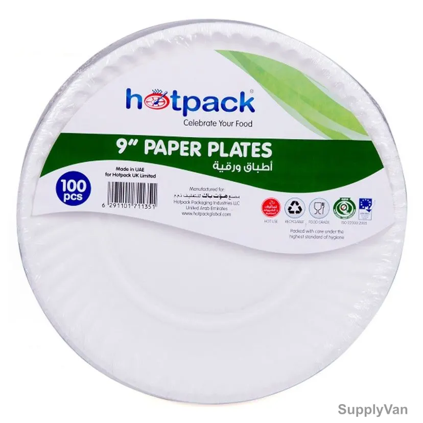 Hotpack Disposable Paper Plate, PP9, 9 Inch, White, 100 Pcs/Pack
