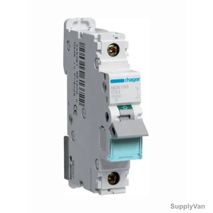 Hager Miniature Circuit Breaker, NC163A, 1P, Curve C, 10 kA, 63A