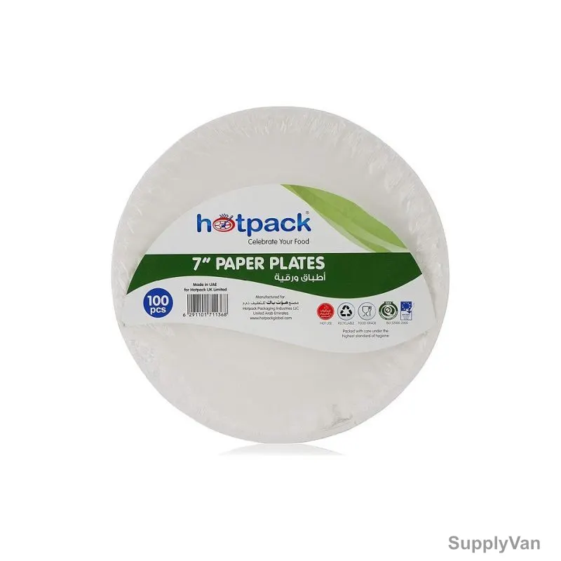 Hotpack Disposable Paper Plate, PP7, 7 Inch, White, 100 Pcs/Pack