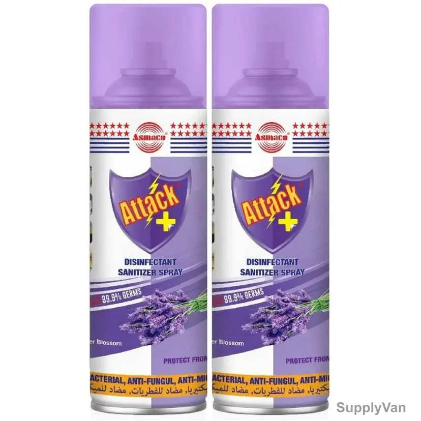 Asmaco Attack Disinfectant Sanitizer Spray, Lavender, 400ML, 2 Pcs/Pack — image 1